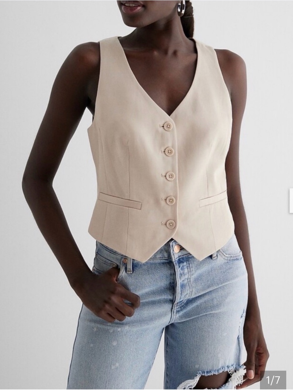 Express Neutral Cream V-Neck Button Vest